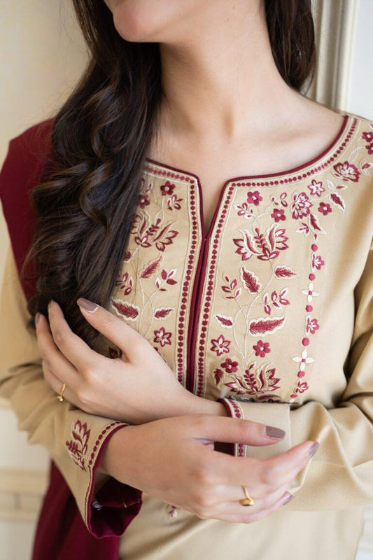 URGE AIRJET DHANAK 3PC CREAM EMBROIDERED SUIT WITH PRINTED SHAWL