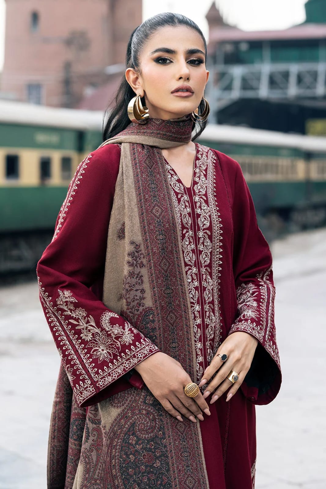URGE AIRJET DHANAK 3PC MAROON EMBROIDERED SUIT WITH PRINTED SHAWL