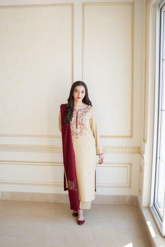 URGE AIRJET DHANAK 3PC CREAM EMBROIDERED SUIT WITH PRINTED SHAWL