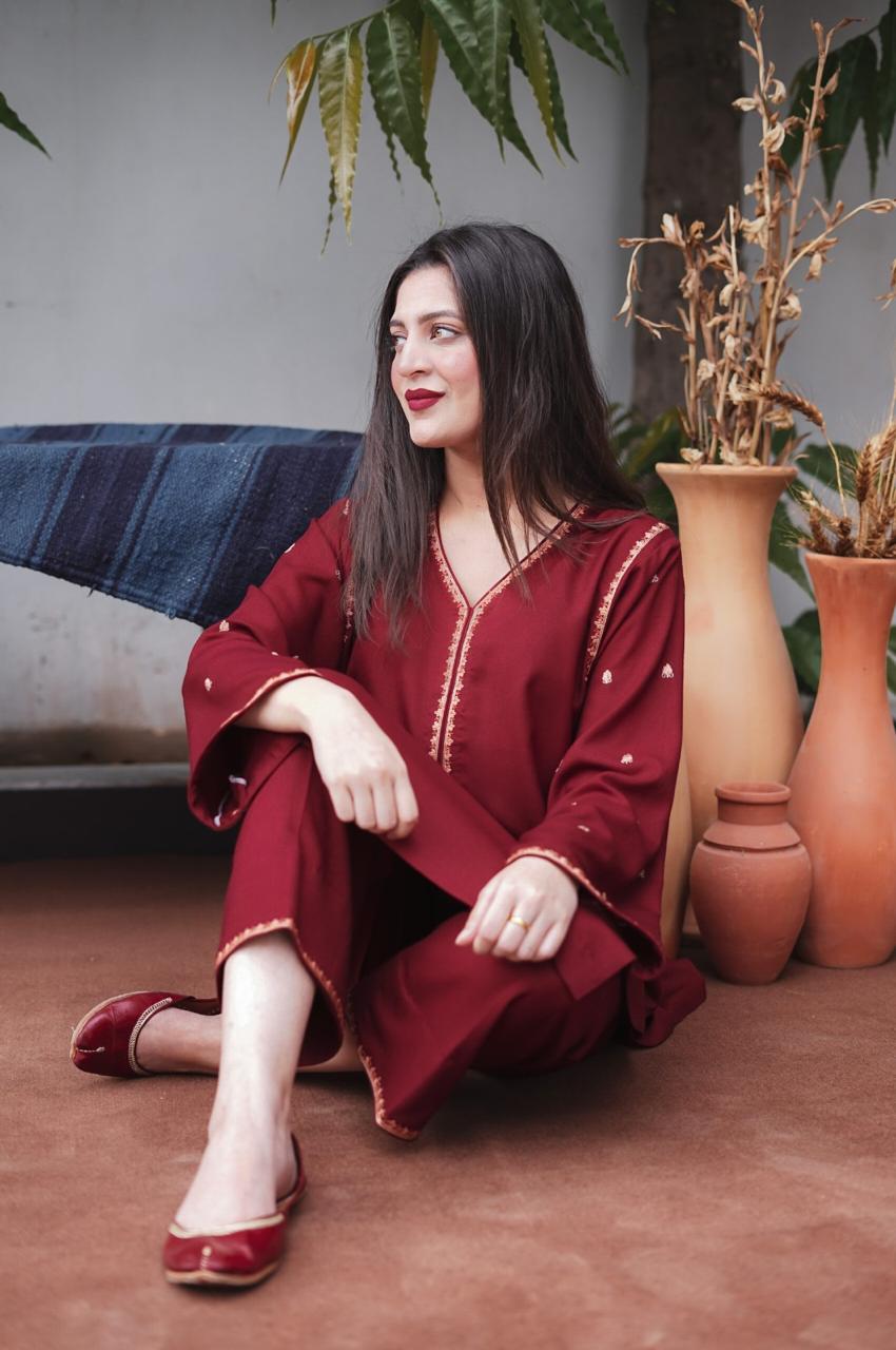 URGE AIRJET DHANAK 3PC MAROON EMBROIDERED SUIT WITH PRINTED SHAWL
