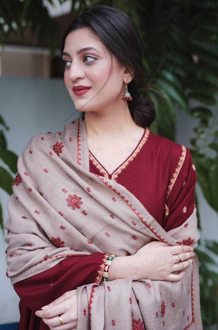 URGE AIRJET DHANAK 3PC MAROON EMBROIDERED SUIT WITH PRINTED SHAWL