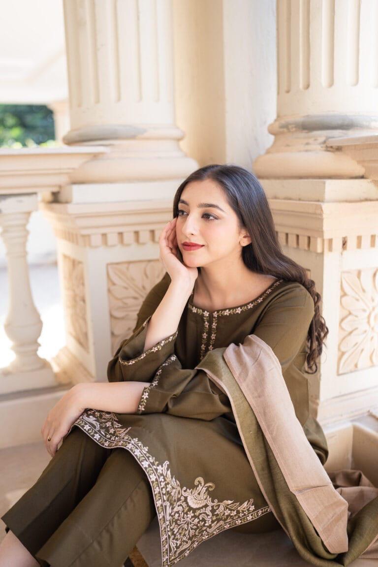 URGE AIRJET DHANAK 3PC OLIVE EMBROIDERED SUIT WITH PRINTED SHAWL