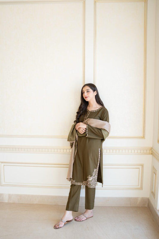 URGE AIRJET DHANAK 3PC OLIVE EMBROIDERED SUIT WITH PRINTED SHAWL