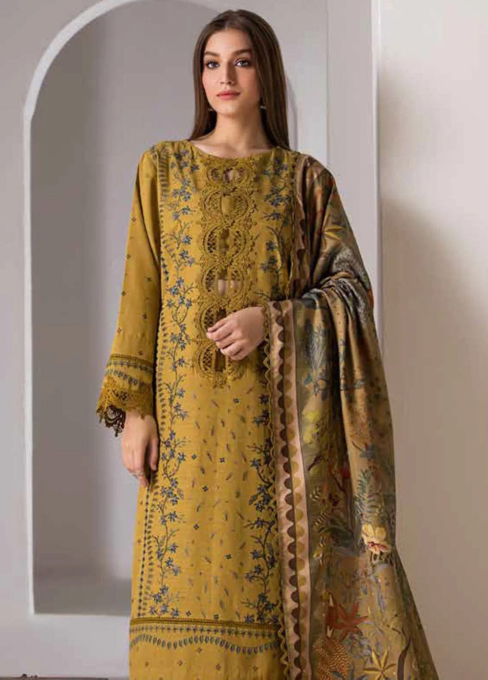 ZARA SHAHJAHAN 3PC (PREMIUM DHANAK) YELLOW WITH PRINTED SHAWL