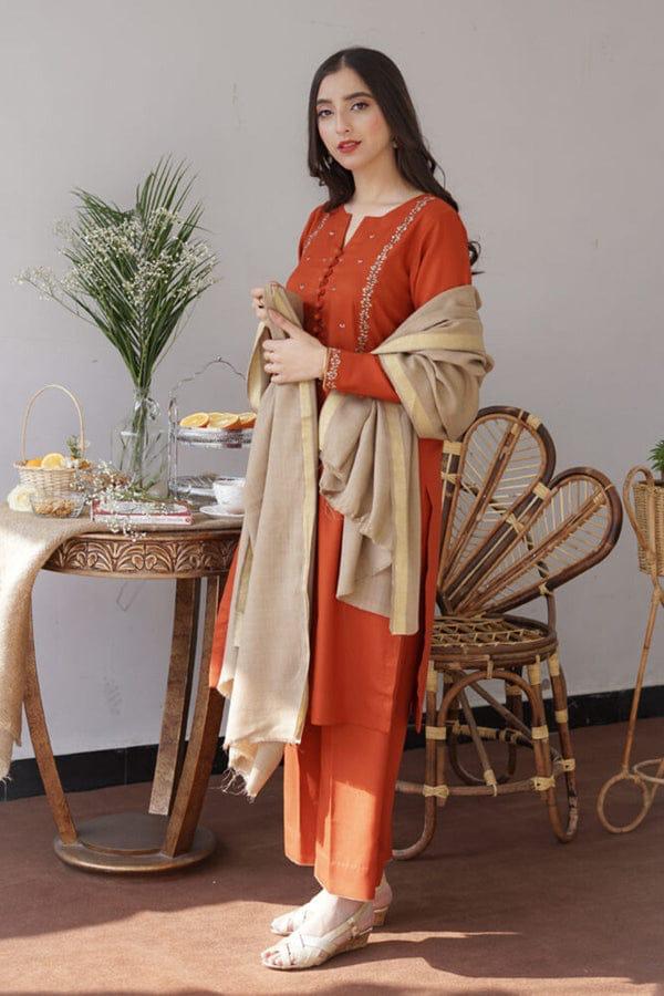 URGE AIRJET DHANAK 3PC ORANGE EMBROIDERED SUIT CREAM SHAWL
