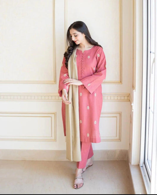 URGE AIRJET DHANAK 3PC PINK EMBROIDERED SUIT WITH SHAWL