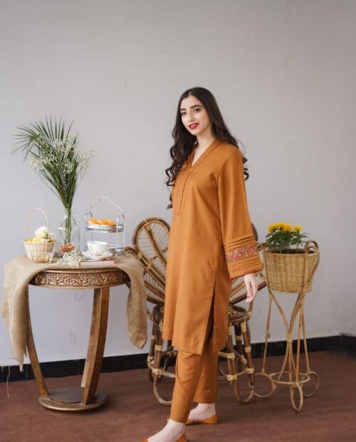 URGE AIRJET DHANAK 3PC ORANGE EMBROIDERED SUIT WITH PRINTED SHAWL