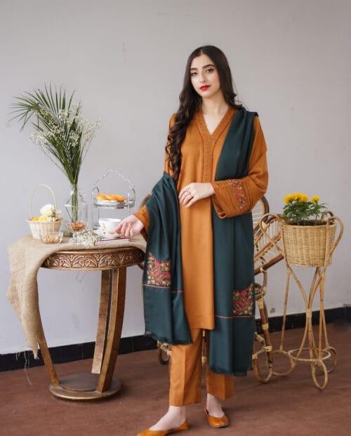 URGE AIRJET DHANAK 3PC ORANGE EMBROIDERED SUIT WITH PRINTED SHAWL