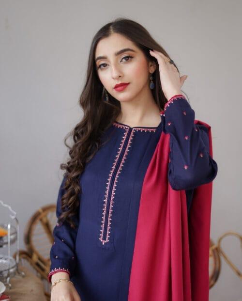 URGE AIRJET DHANAK 3PC BLUE EMBROIDERED SUIT WITH SHAWL