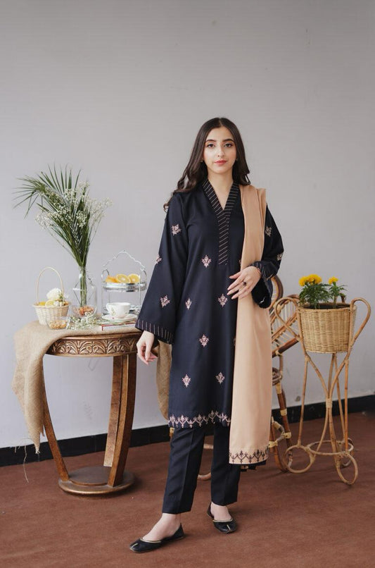 URGE AIRJET DHANAK 3PC BLACK EMBROIDERED SUIT WITH SHAWL