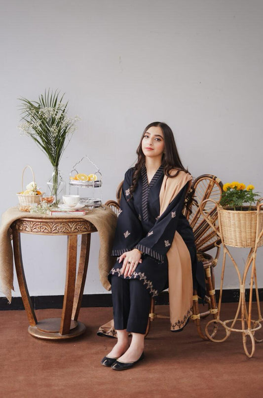 URGE AIRJET DHANAK 3PC BLACK EMBROIDERED SUIT WITH SHAWL