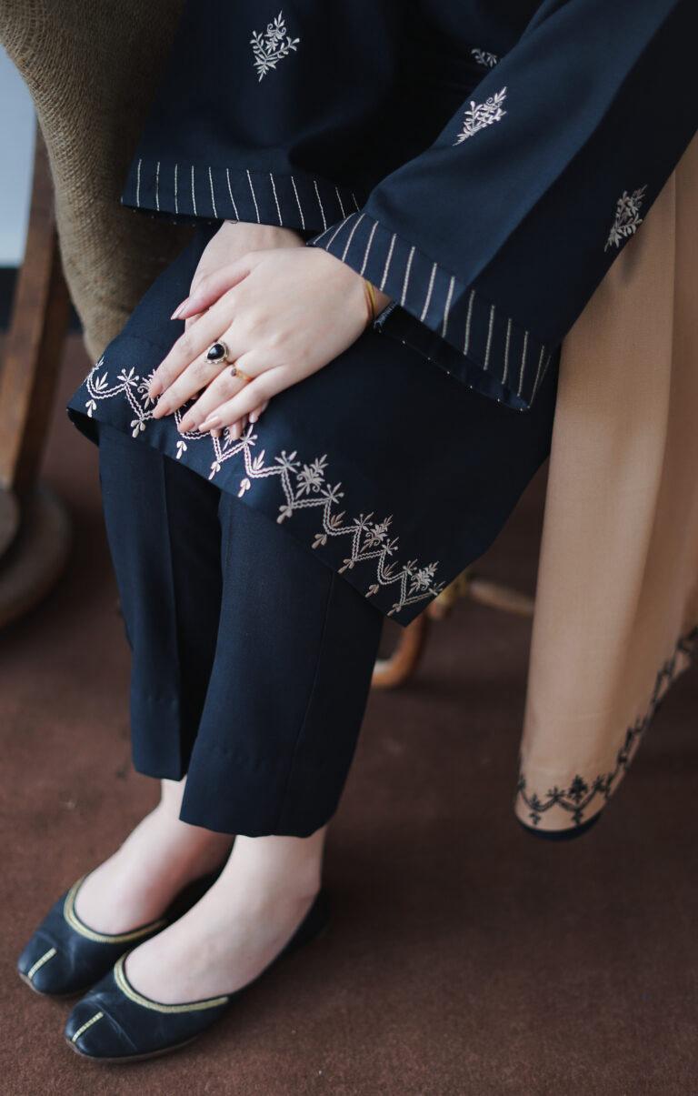 URGE AIRJET DHANAK 3PC BLACK EMBROIDERED SUIT WITH SHAWL