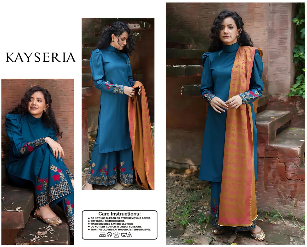 URGE AIRJET DHANAK 3PC BLUE EMBROIDERED SUIT WITH PRINTED SHAWL