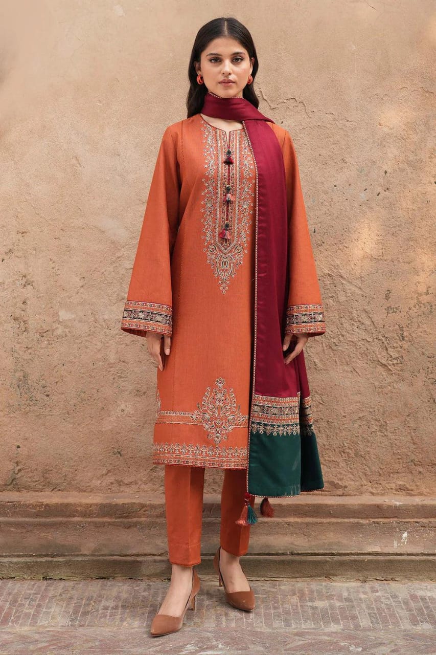 URGE AIRJET DHANAK 3PC ORANGE EMBROIDERED SUIT MAROON+GREEN SHAWL