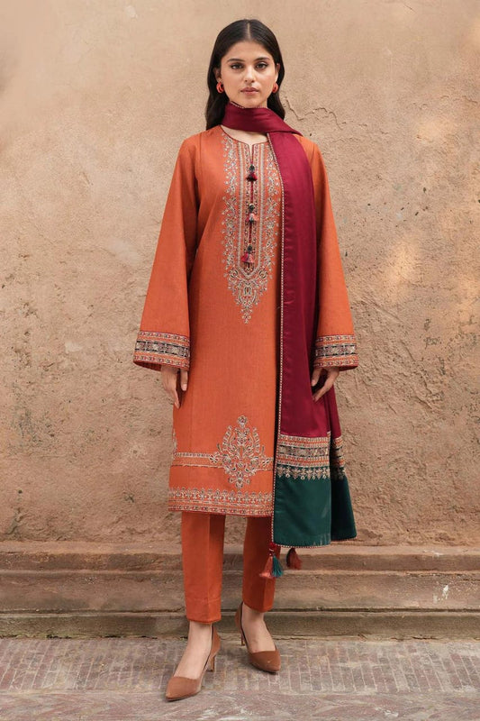 URGE AIRJET DHANAK 3PC ORANGE EMBROIDERED SUIT MAROON+GREEN SHAWL
