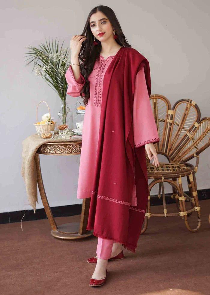 URGE AIRJET DHANAK 3PC PINK EMBROIDERED SUIT WITH PRINTED SHAWL