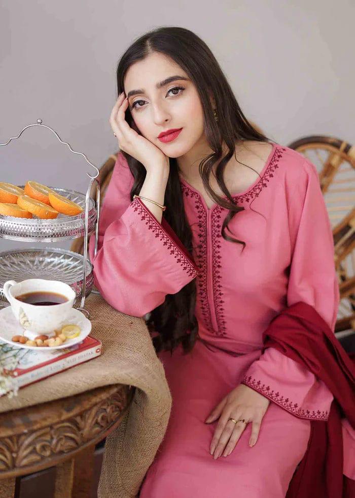 URGE AIRJET DHANAK 3PC PINK EMBROIDERED SUIT WITH PRINTED SHAWL