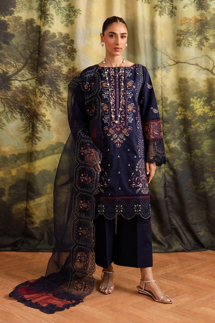 URGE AIRJET DHANAK 3PC NAVY EMBROIDERED SUIT WITH PRINTED SHAWL