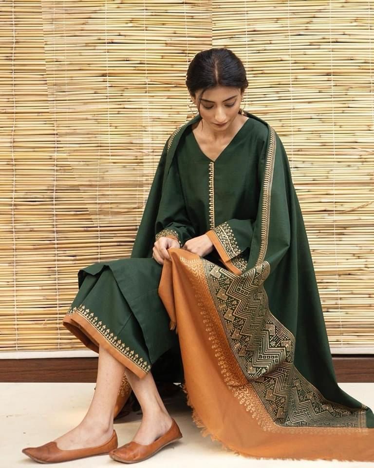 URGE AIRJET DHANAK 3PC GREEN EMBROIDERED SUIT WITH PRINTED SHAWL