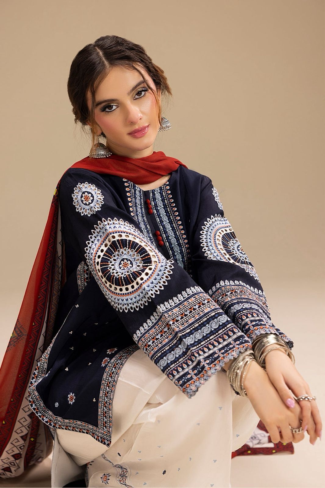 URGE AIRJET FANCY DHANAK 3PC BLUE+WHITE EMBROIDERED SUIT WITH PRINTED SHAWL