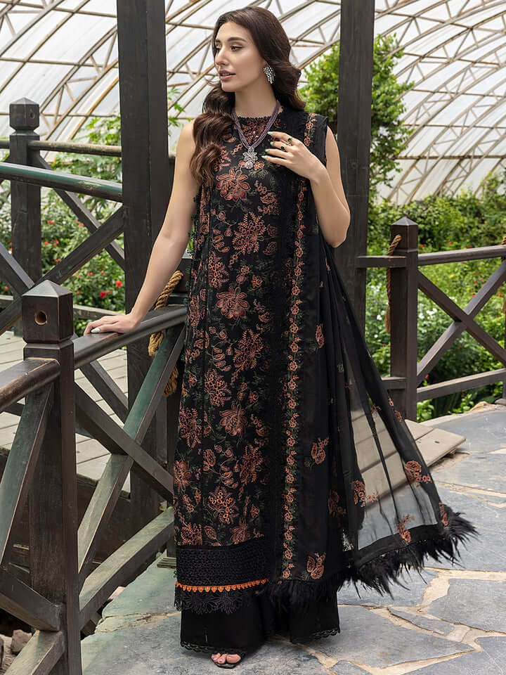URGE AIRJET DHANAK 3PC BLACK EMBROIDERED SUIT WITH PRINTED SHAWL