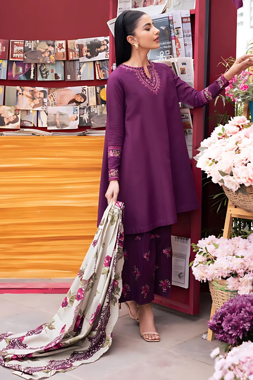 URGE AIRJET DHANAK 3PC PURPLE EMBROIDERED SUIT WITH PRINTED SHAWL