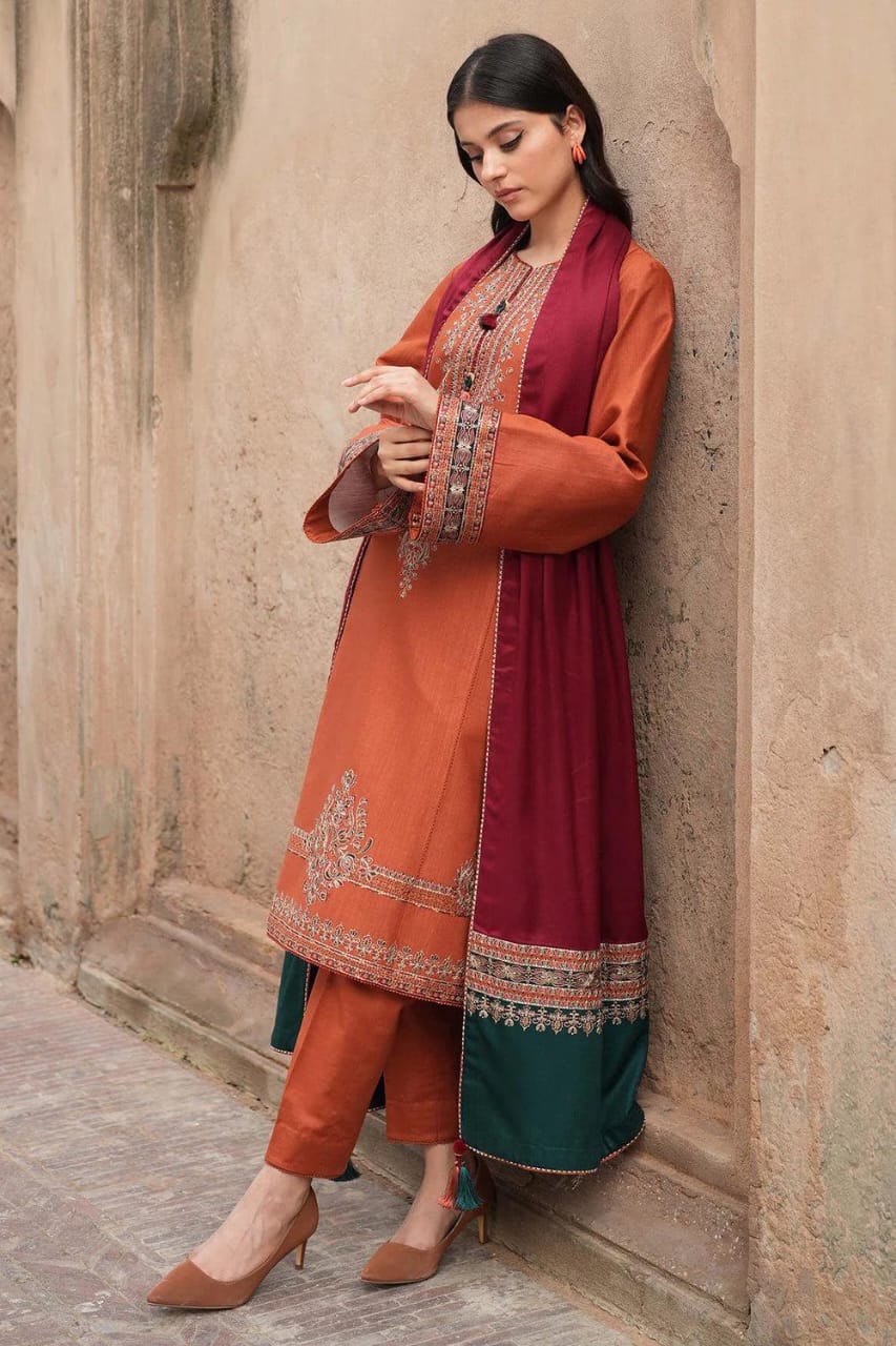URGE AIRJET DHANAK 3PC ORANGE EMBROIDERED SUIT MAROON+GREEN SHAWL