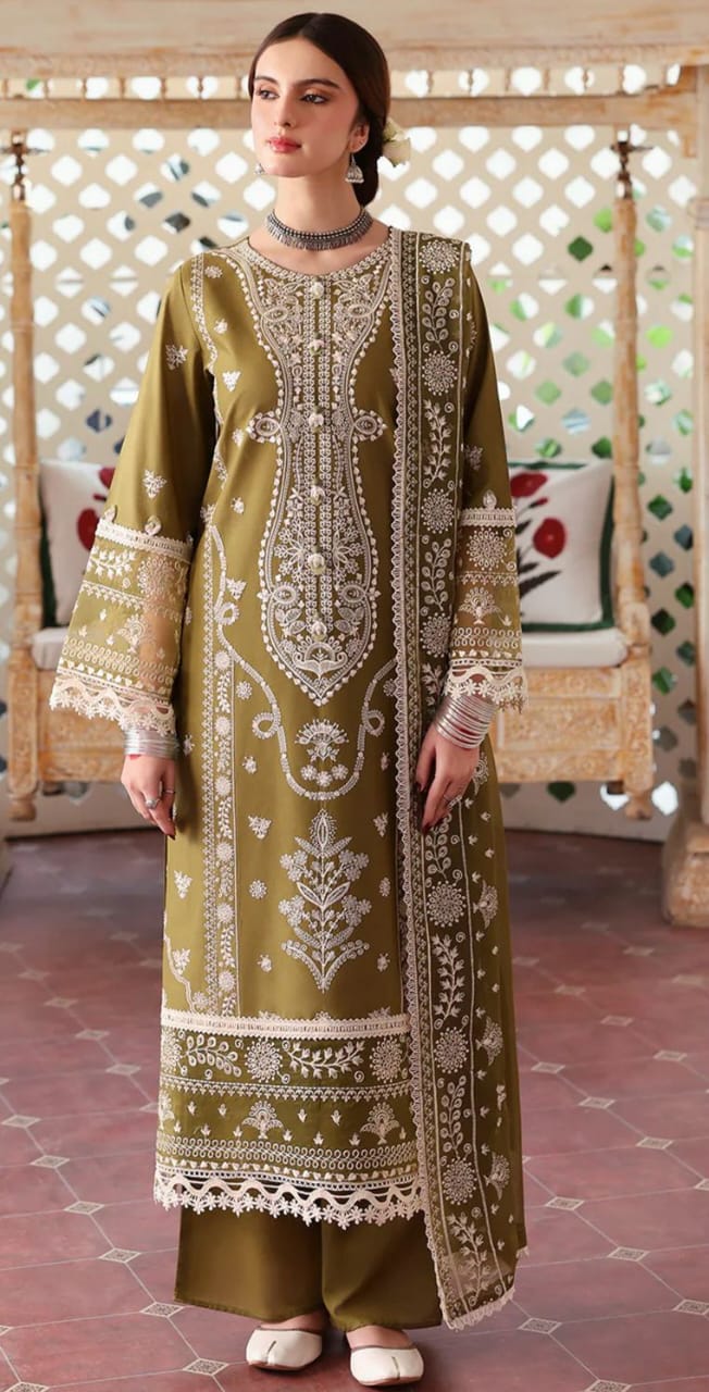 URGE AIRJET DHANAK 3PC MUSTARD EMBROIDERED SUIT WITH PRINTED SHAWL