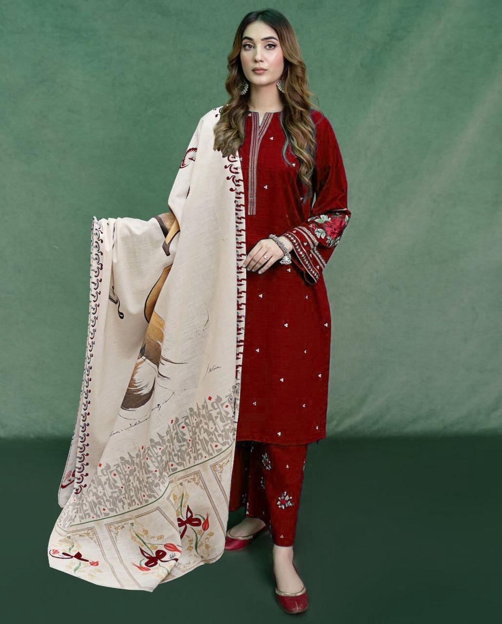 URGE AIRJET DHANAK 3PC MAROON EMBROIDERED SUIT WITH PRINTED SHAWL