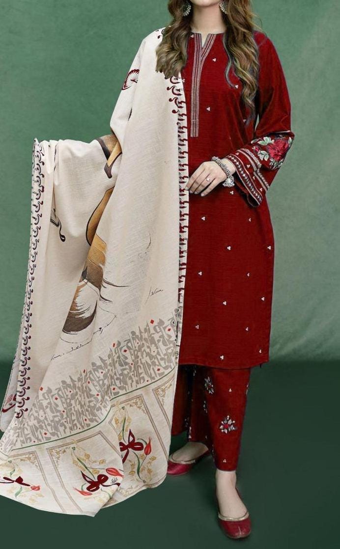 URGE AIRJET DHANAK 3PC MAROON EMBROIDERED SUIT WITH PRINTED SHAWL