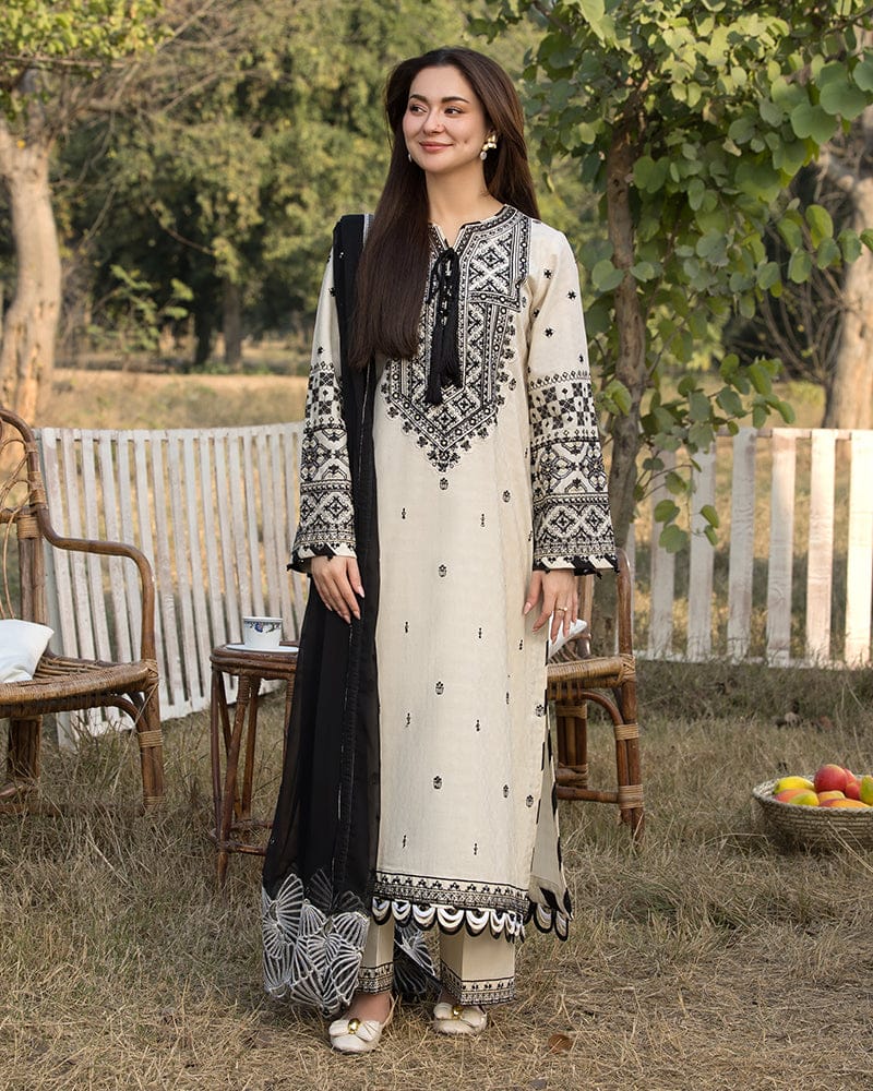 ZARA SHAHJAHAN 3PC (PREMIUM DHANAK) CREAM WITH PRINTED SHAWL