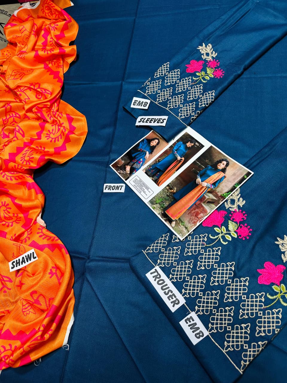 URGE AIRJET DHANAK 3PC BLUE EMBROIDERED SUIT WITH PRINTED SHAWL