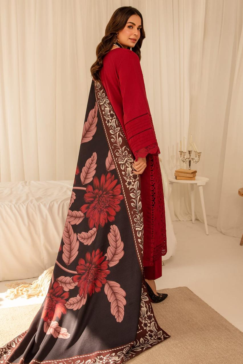 ZARA SHAHJAHAN 3PC (PREMIUM DHANAK) RED WITH PRINTED SHAWL