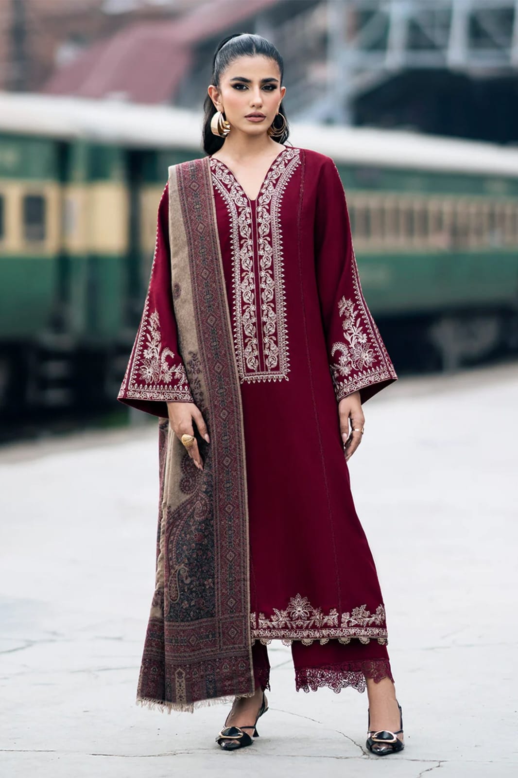 URGE AIRJET DHANAK 3PC MAROON EMBROIDERED SUIT WITH PRINTED SHAWL