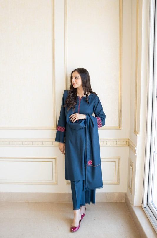 URGE AIRJET DHANAK 3PC BLUE EMBROIDERED SUIT