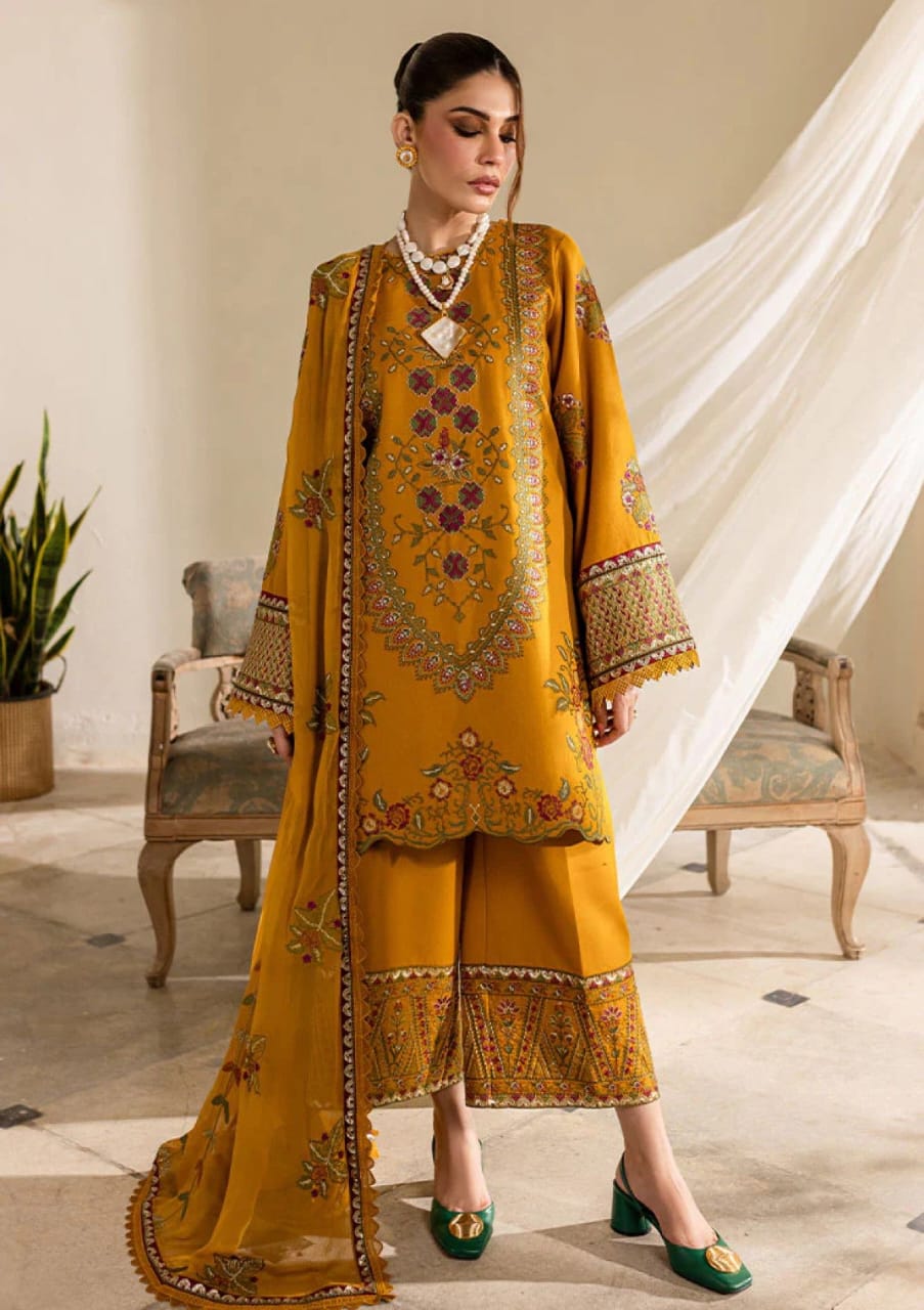 URGE AIRJET DHANAK 3PC YELLOW EMBROIDERED SUIT WITH PRINTED SHAWL
