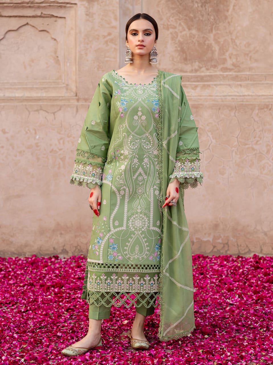 URGE AIRJET DHANAK 3PC LIGHT GREEN EMBROIDERED SUIT WITH PRINTED SHAWL