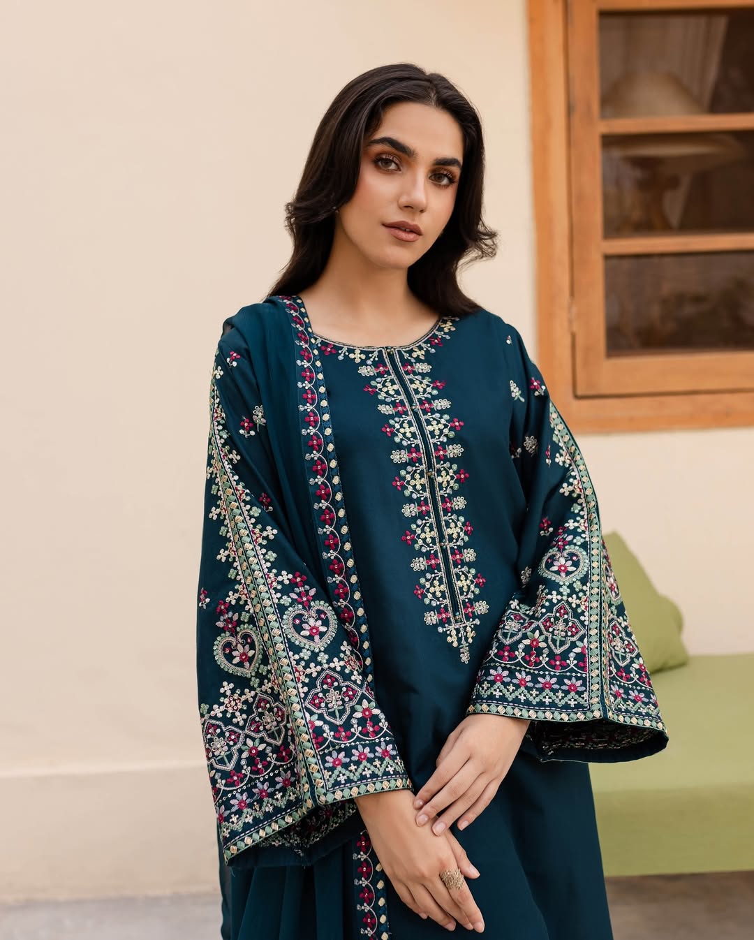 URGE AIRJET DHANAK 3PC NAVY EMBROIDERED SUIT WITH PRINTED SHAWL