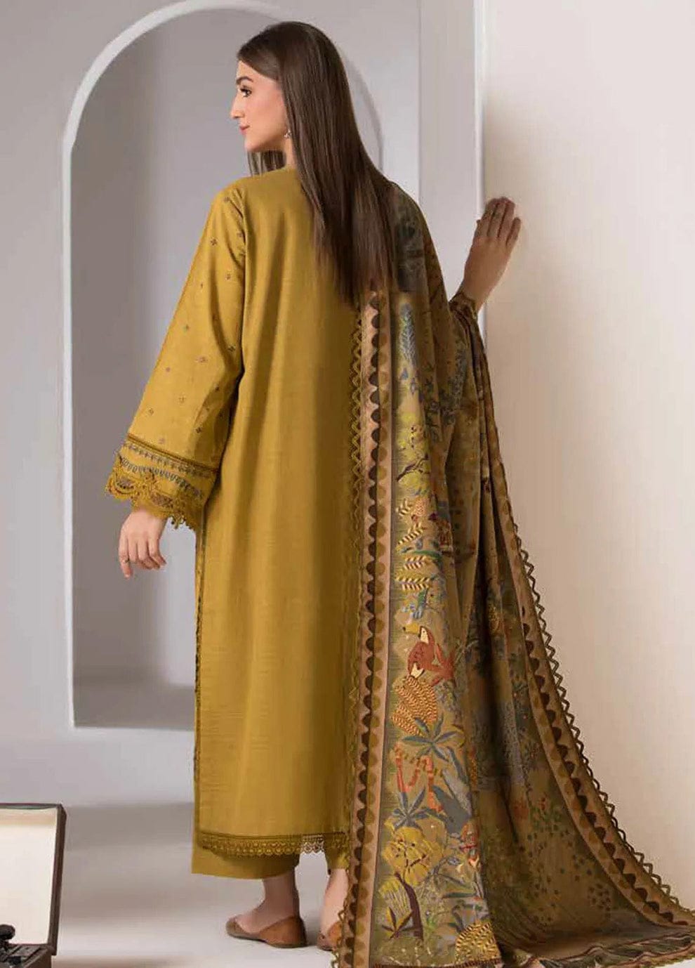 ZARA SHAHJAHAN 3PC (PREMIUM DHANAK) YELLOW WITH PRINTED SHAWL