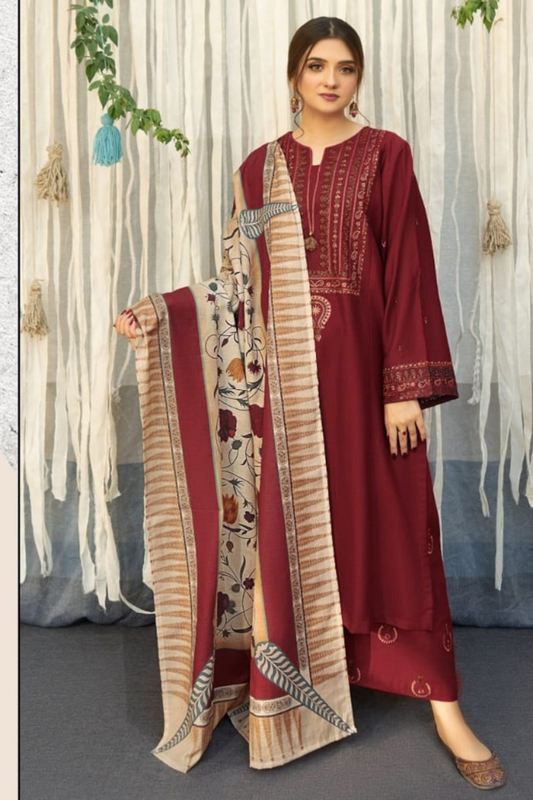 URGE AIRJET DHANAK 3PC MAROON EMBROIDERED SUIT WITH PRINTED SHAWL