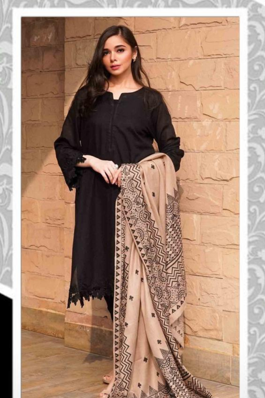 URGE AIRJET DHANAK 3PC BLACK EMBROIDERED SUIT WITH PRINTED SHAWL