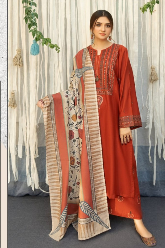 URGE AIRJET DHANAK 3PC ORANGE EMBROIDERED SUIT WITH PRINTED SHAWL