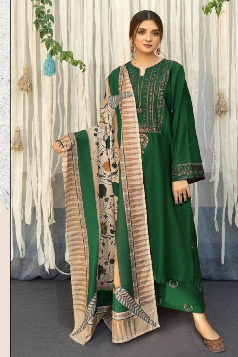 URGE AIRJET DHANAK 3PC GREEN EMBROIDERED SUIT WITH PRINTED SHAWL