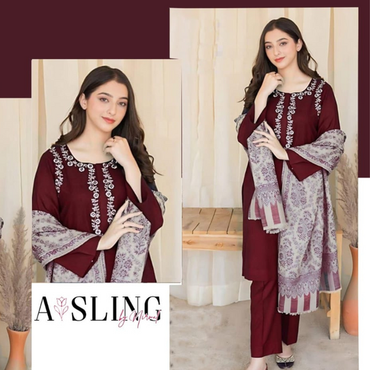 URGE AIRJET DHANAK 3PC MAROON EMBROIDERED SUIT (ZORA)