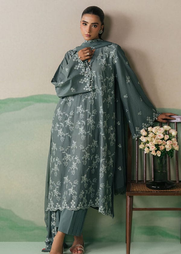 URGE AIRJET DHANAK 3PC GREY EMBROIDERED SUIT WITH PRINTED SHAWL