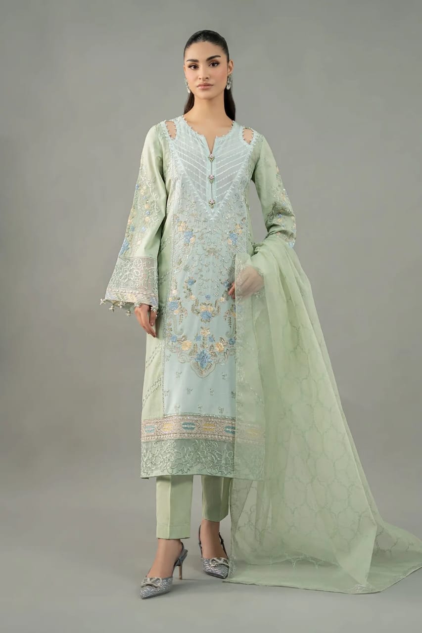 URGE AIRJET DHANAK 3PC LIGHT GREEN EMBROIDERED SUIT WITH PRINTED SHAWL