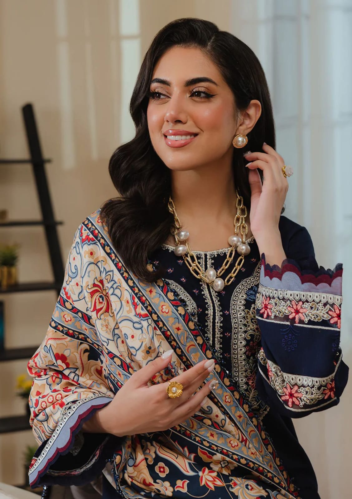 ZARA SHAHJAHAN 3PC (PREMIUM DHANAK) NAVY WITH PRINTED SHAWL