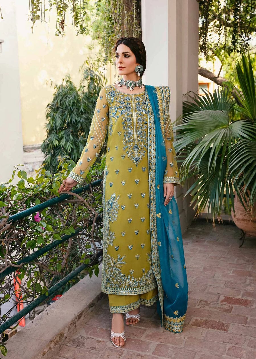URGE AIRJET DHANAK 3PC YELLOW EMBROIDERED SUIT WITH PRINTED SHAWL
