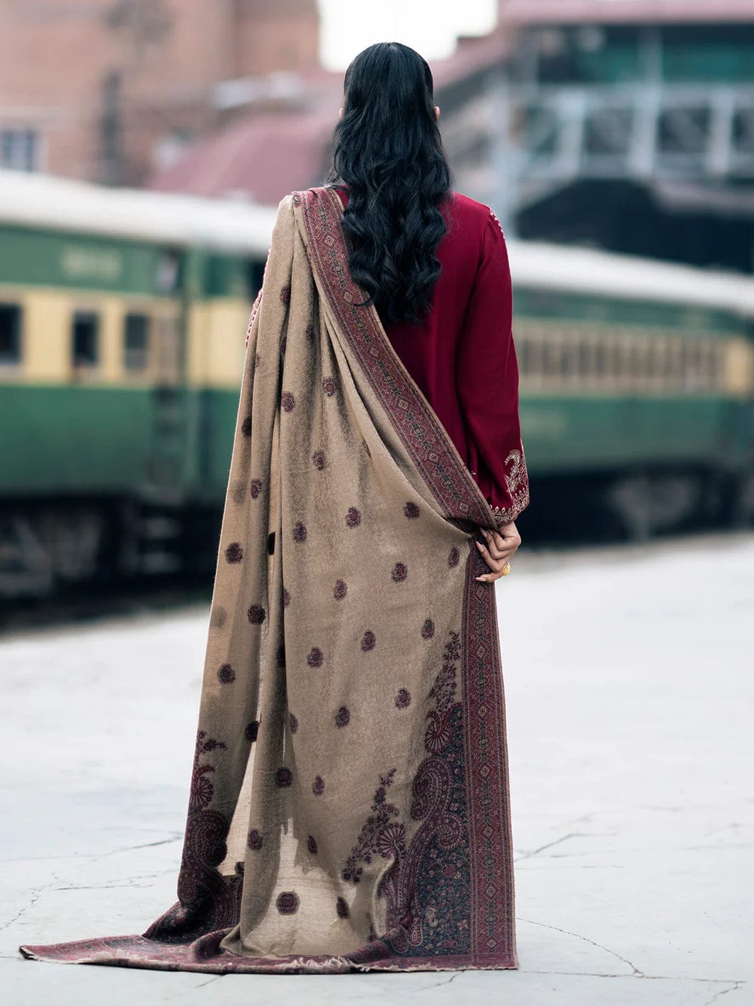 URGE AIRJET DHANAK 3PC MAROON EMBROIDERED SUIT WITH PRINTED SHAWL
