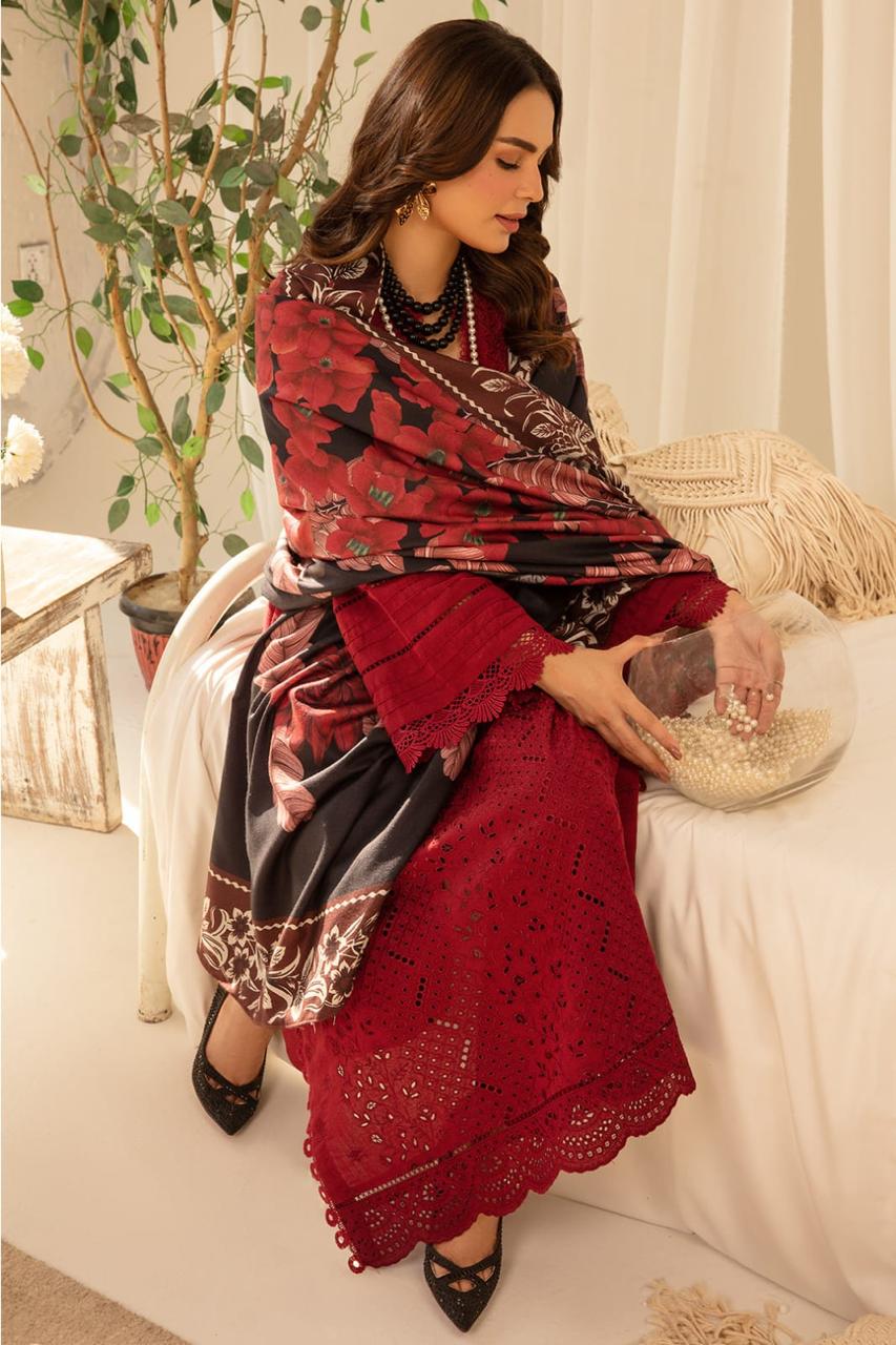 ZARA SHAHJAHAN 3PC (PREMIUM DHANAK) RED WITH PRINTED SHAWL